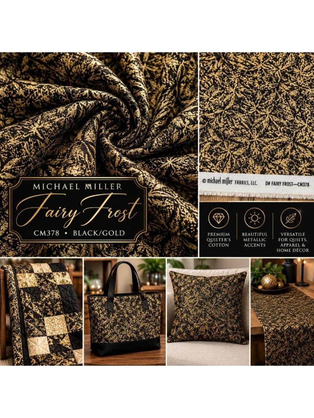 Michael Miller Fairy Frost CM378 Metallic Gold Black Cotton Fabric 44 x 109